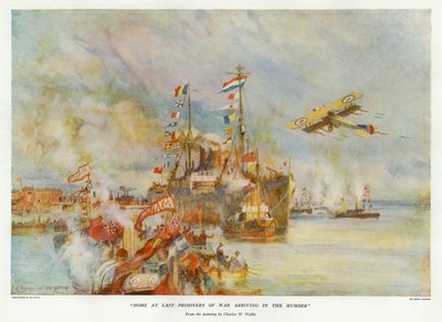 Viimein kotiin - Sotavangit saapuvat Humberiin (värilitho) tekijältä Charles William Wyllie