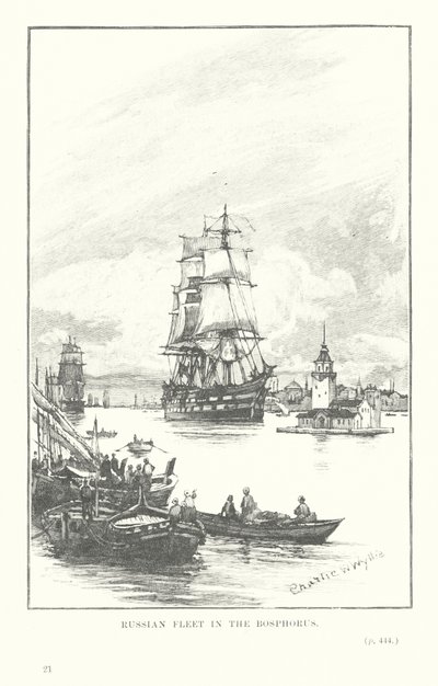 Venäjän laivasto Bosporissa (litografia) tekijältä Charles William Wyllie