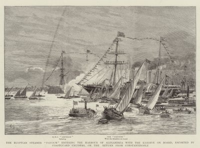 Egyptiläinen höyrylaiva Fayoum saapuu Alexandrian satamaan Khediven kanssa rannikkovartiosteilijöiden saattajana palatessaan Konstantinopolista tekijältä Charles William Wyllie