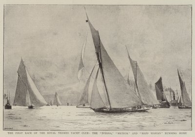 Royal Thames Yacht Clubin ensimmäinen kilpailu, Iverna, Meteor ja Maid Marian juoksevat kotiin tekijältä Charles William Wyllie