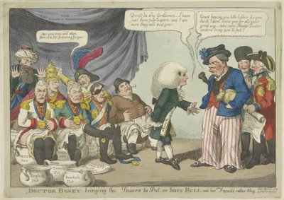 Dokter Napoleon zet de Europese vorsten op de pot, 1808 Tohtori Boney - tuo voimat kasaan, tai John Bull ja hänen ystävänsä melko ujoja (otsikko esineessä) tekijältä Charles Williams