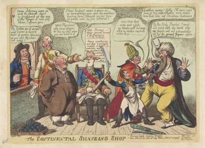 Napoleon Euroopan suurvaltojen parturina, 1806 The Continental Shaving Shop (otsikko esineessä) tekijältä Charles Williams