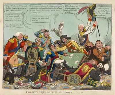 Poliittinen kvadrilli -- peli pystyyn, pub. 1806 (käsin väritetty kaiverrus) tekijältä Charles Williams