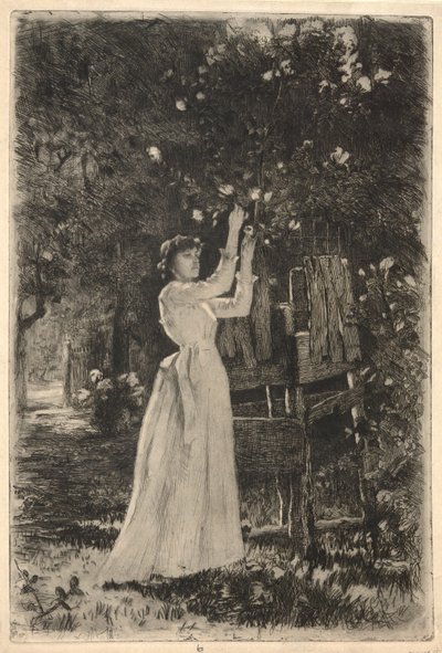 Nuori nainen poimimassa kukkia puusta tekijältä Charles Yardley Turner
