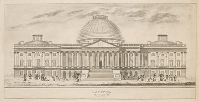 Capitol, Washington, D.C., kaiverrettu Henry ja James Stone (kukoistanut 1822-1849), 1826 (akvatintta ja viivakaiverrus paperille). tekijältä Charles after Bulfinch