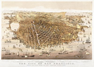 San Franciscon kaupunki, lintuperspektiivinäkymä lahdelta lounaaseen, julkaisija Currier & Ives tekijältä Charles Richard Parsons