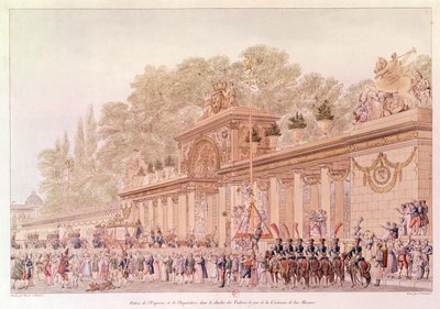 Keisarin ja keisarinnan tulo Tuileries-puutarhaan hääpäivänä (värikaiverrus) tekijältä Charles and Fontaine Percier