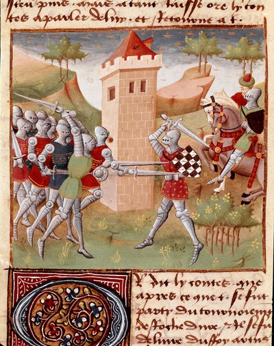 Lancelot du Lacin taistelevat ritarit Miniatyyri, joka on otettu mestarin Charles de Mainen ”” Roman du Chevalier Tristanista” (Beroul-versio). 1440-1460. Chantilly, Condé-museo tekijältä Charles du Maine Master