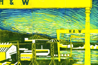 Harland & Wolff Cranes, Belfast, 2022 (linoprintti) tekijältä Charlotte Orr