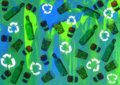 Kierrätyskorin suunnittelu, 2020 (silkkipainatus sivellinkynillä ja digitaalisella) tekijältä Charlotte Orr