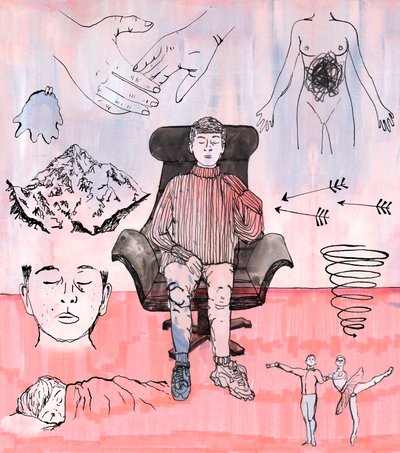 Therapy Illustration, 2018 (muste ja akryyli) tekijältä Charlotte Orr