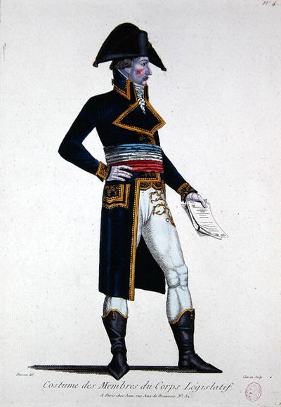 Corps Legislatifin jäsenten asu ensimmäisen tasavallan aikana Ranskassa, noin 1800 (värillinen kaiverrus). tekijältä Chataignier Chataignier