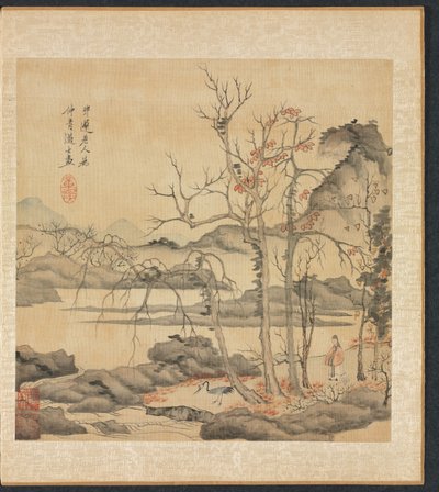Maalauksia muinaisten mestareiden mukaan: Daoisti ja kurkuri syysmaisemassa, 1598-1652. tekijältä Chen Hongshou