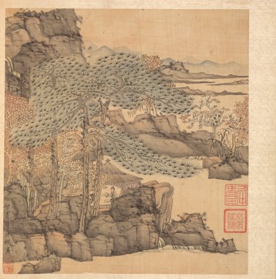 Maalauksia muinaisten mestareiden mukaan: Oppinut lukemassa olkikattoisessa majassa vesiputouksen vieressä, 1598-1652. tekijältä Chen Hongshou