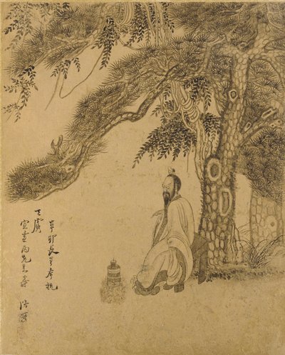 Eliksiirin valmistus männyn alla, Qing-dynastia, 1651 (muste kultapaperille) tekijältä Chen Hongshou