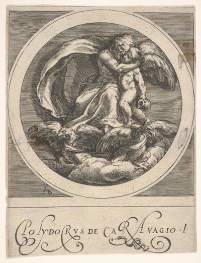 Jupiter, istuu kahden kotkan yläpuolella ja syleilee Cupidoa, pyöreä sävellys sarjasta..., n. 1590. tekijältä Cherubino Alberti