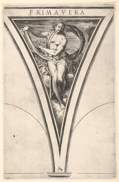 Kevät Primavera esitettiin naisena, jolla on kumpuileva liina ja seppeleitä..., n. 1570-1615. tekijältä Cherubino Alberti