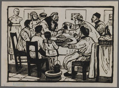 Juodaan drinkki uudenvuodenaattona, n.1945 (puupiirros) tekijältä Chi Kwei Sung
