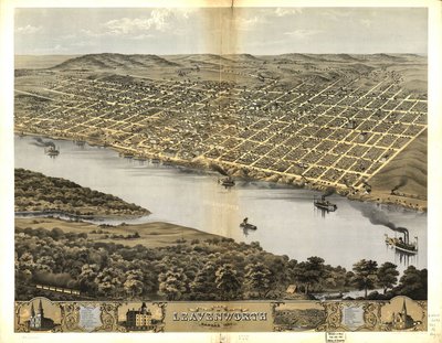 Lintuperspektiivistä Leavenworthin kaupunkiin Kansasissa 1869 tekijältä Chicago Lithographing Co.