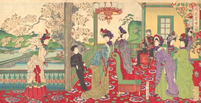 Eleganttien naisten kilpailu kirsikankukkien keskuudessa Kaika kifujin kisoi, syyskuu..., syyskuu 1887. tekijältä Chikanobu Yoshu