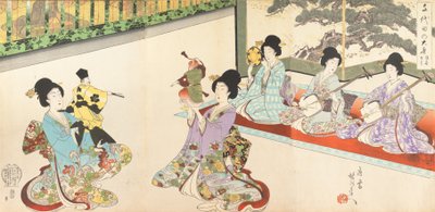 Ladies in Waiting of the Chiyodan linna: Miekkaharjoitukset ja nukke Kyogen, 1895, 1895. tekijältä Chikanobu Yoshu