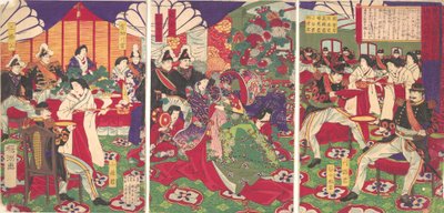 Kagoshiman kapinallisten rauhoittamisen johtajat juhlivat kupeilla..., 20. syyskuuta 1877. tekijältä Chikanobu Yoshu
