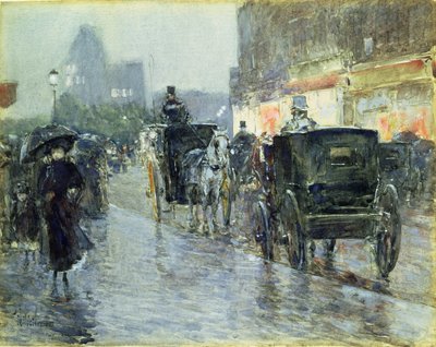 Horse Drawn Cabs at Evening, New York, n. 1890 (akvarelli ja guassi paperille) tekijältä Childe Frederick Hassam