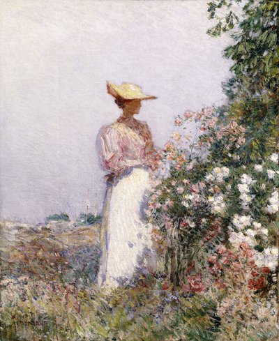 Nainen kukkapuutarhassa tekijältä Childe Frederick Hassam