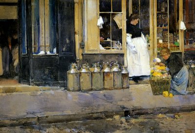 The Milk Churns, n. 1888 (akvarelli paperille) tekijältä Childe Frederick Hassam