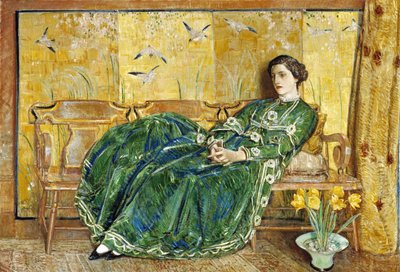 Huhtikuu: (Vihreä puku) tekijältä Childe Hassam