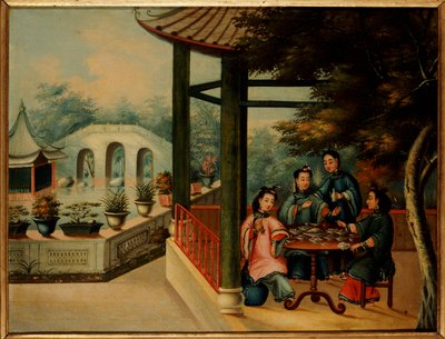 Kiinalainen puutarhakohtaus, jossa naiset juovat teetä, 1800-luvun puoliväli tekijältä Chinese School