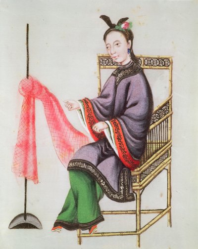 Kiinalainen nainen, joka tekee kalaverkkoa, Qianlong-kausi (1736-96) (guassi paperilla) tekijältä Chinese School