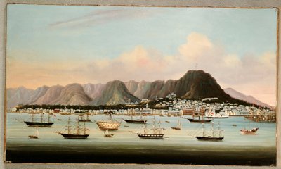 Näkymä Victoriasta, Hong Kongista, Hulk H.M.S:n prinsessa Charlotte ja amerikkalainen, brittiläinen ja ranskalainen Shipping, n. 1862 tekijältä Chinese School