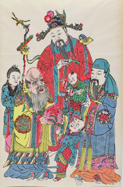 Pitkäikäisyyden jumalaa ympäröivä perhe, 1800-luvun loppu tekijältä Chinese School