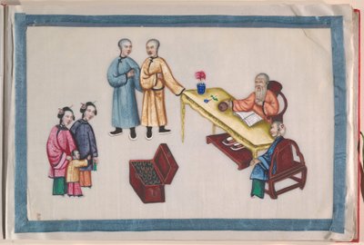 Albumi, 1800-luvun loppupuoli (kahdentoista lehden albumi; tussi ja väri piikkipaperille, sidottu punaiseen damastiin). tekijältä Chinese School