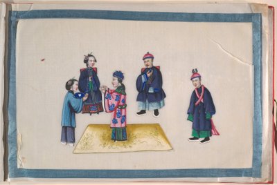 Albumi, 1800-luvun loppupuoli (kahdentoista lehden albumi; tussi ja väri piikkipaperille, sidottu punaiseen damastiin). tekijältä Chinese School