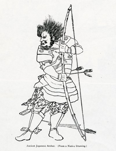 Muinainen japanilainen jousiampuja, kuvitus Marco Polon ja Rustichello da Pisan teoksesta "Marco Polon matka", Henry Yulen kääntämä, julkaistu ensimmäisen kerran 1871 tekijältä Chinese School
