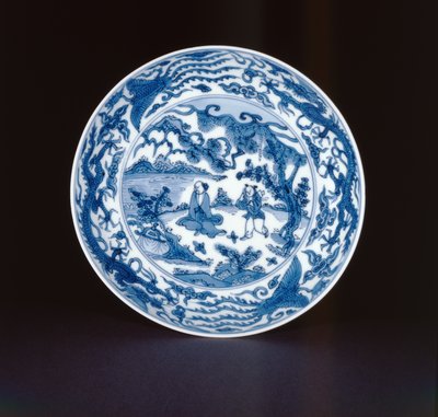 Sinivalkoinen astia maalattu salvialla ja palvelijalla, Wanlin merkki ja aikakausi, 1573-90 (posliini) tekijältä Chinese School