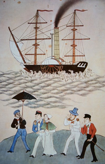 Kiinalainen maalaus ensimmäisestä brittiläisestä höyrylaivasta ja kantoniin laskeutuneista matkustajista n. 1840 (katso myös 268028) tekijältä Chinese School