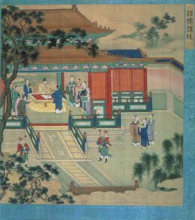 Keisari Hsien Ti (fl.189-220) klassisia tekstejä kääntävien tutkijoiden kanssa Kiinan keisarien historiasta (väri silkillä) tekijältä Chinese School