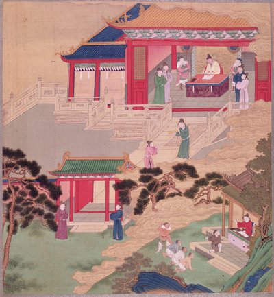 Keisari Tai Tsung (r.762-779) lukee lääketieteellistä kirjaa Kiinan keisarien historiasta (väri silkillä) tekijältä Chinese School