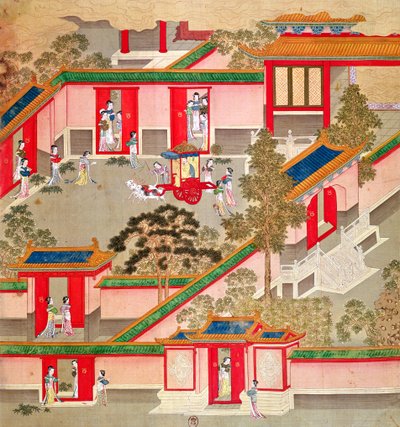 Keisari Wu Ti (156-87, r.141-87 eKr.), jättää palatsinsa Kiinan keisarien historiasta (väri silkillä) tekijältä Chinese School