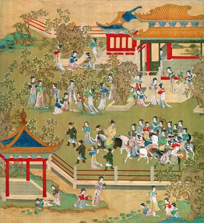 Keisari Yang Ti (581-618) kävelee puutarhassaan vaimoineen Kiinan keisarien historiasta (väri silkillä) (katso myös 176855) tekijältä Chinese School