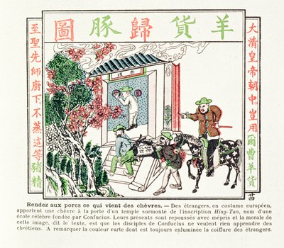 Eurooppalaiset ulkomaalaiset Kungfutsen temppelin portilla – heidän lahjansa vuohen hylätään halveksuen, 1891 tekijältä Chinese School