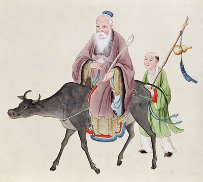 Lao-Tzu (n. 604-531) puhvelillaan, jota seuraa opetuslapsi (wc paperilla) tekijältä Chinese School