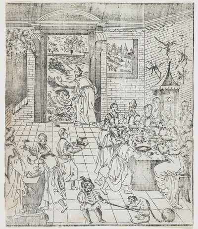 Lazarus rikkaan miehen talossa, lautanen Giulio Alenis Tianzhu jiangsheng zhuxiang jingjie (Kuvitettu historia Taivaan Herrasta, joka tuli lihaksi), Jinjiangin kirkko, Fu tekijältä Chinese School