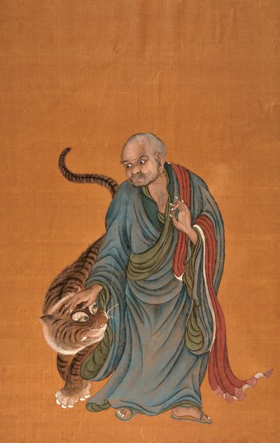 Lohan tiikerin kanssa, 1700-luvun lopusta 1800-luvun alkuun (väri silkillä) tekijältä Chinese School