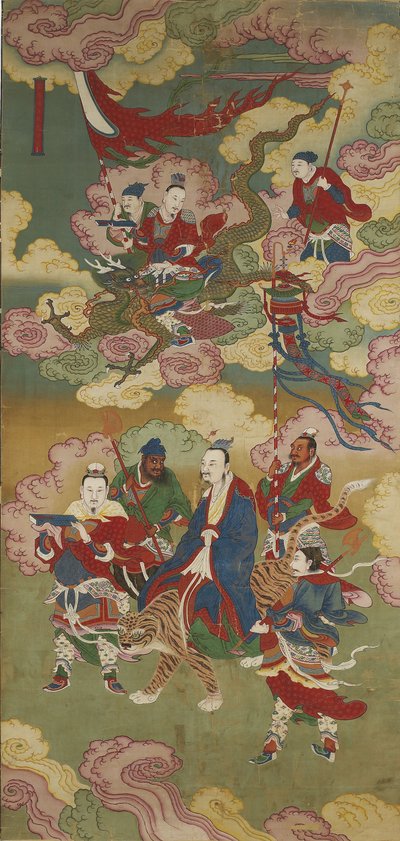 Lukuisat aarrelähettiläät buddhalaisesta maasta ja vesirituaalisetistä (mustetta, väriä ja kultaa silkillä) tekijältä Chinese School