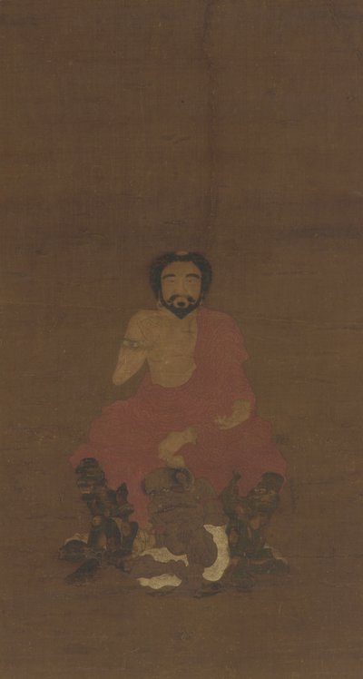 Sakyamuni istuu kolmen demonin kaltaisen olennon päällä, mahdollisesti Yuanin varhainen Ming-dynastia, 1300-1400-luku tekijältä Chinese School