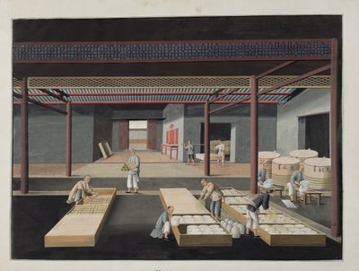 Kulhojen ja astioiden pakkaaminen ja pakkaaminen, lautanen 12 kahdentoista kappaleen sarjassa, joka kuvaa kiinalaisen posliinin valmistusprosessia, 1800-luku tekijältä Chinese School